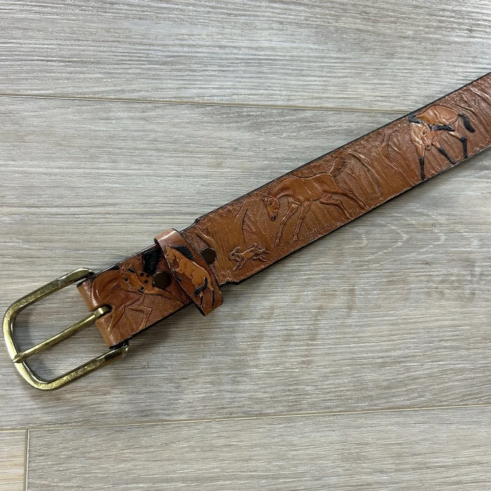 Belt Factory Brown Tooled Leather Belt Size 30 Horse Western Brass Buckle